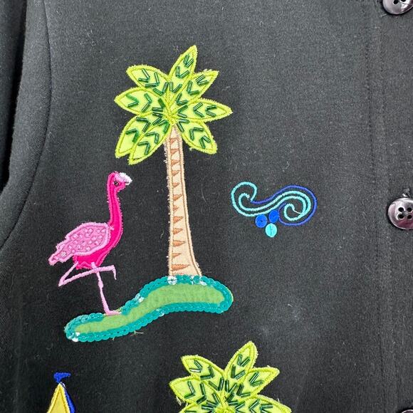Michael Simon Cardigan Sweater MEDIUM Embroidered Beaded Palm Tree Flamingo - Picture 6 of 10